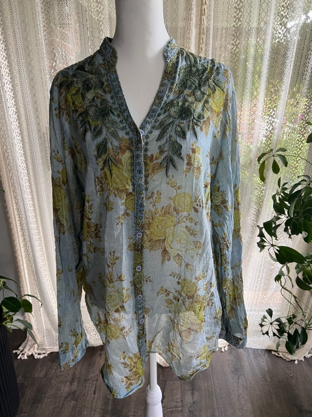 Cottagecore Vintage Goa embroidered floral crepe flowy button down top